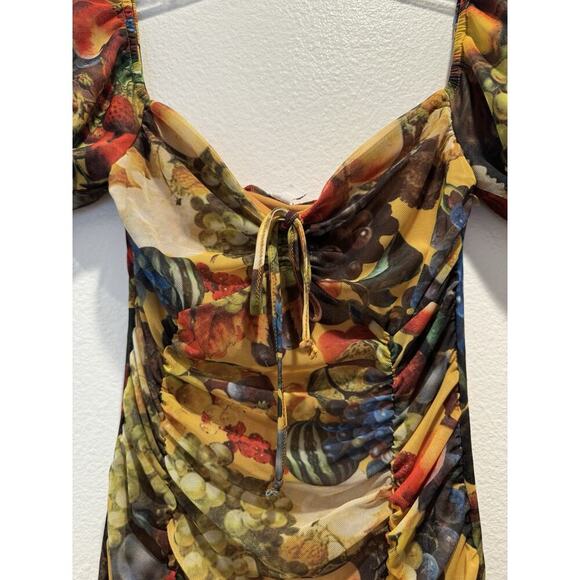 Urban Outfitters UO Size Small Fruit Print Mesh Mini Dress Sexy Colorful Ruched - Picture 3 of 9